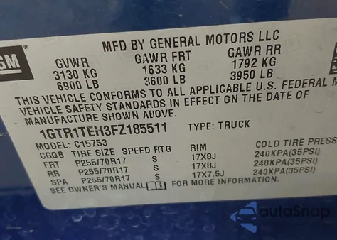 2015 GMC Sierra 1500 from USA, damaged, VIN 1GTR1TEH3FZ185511